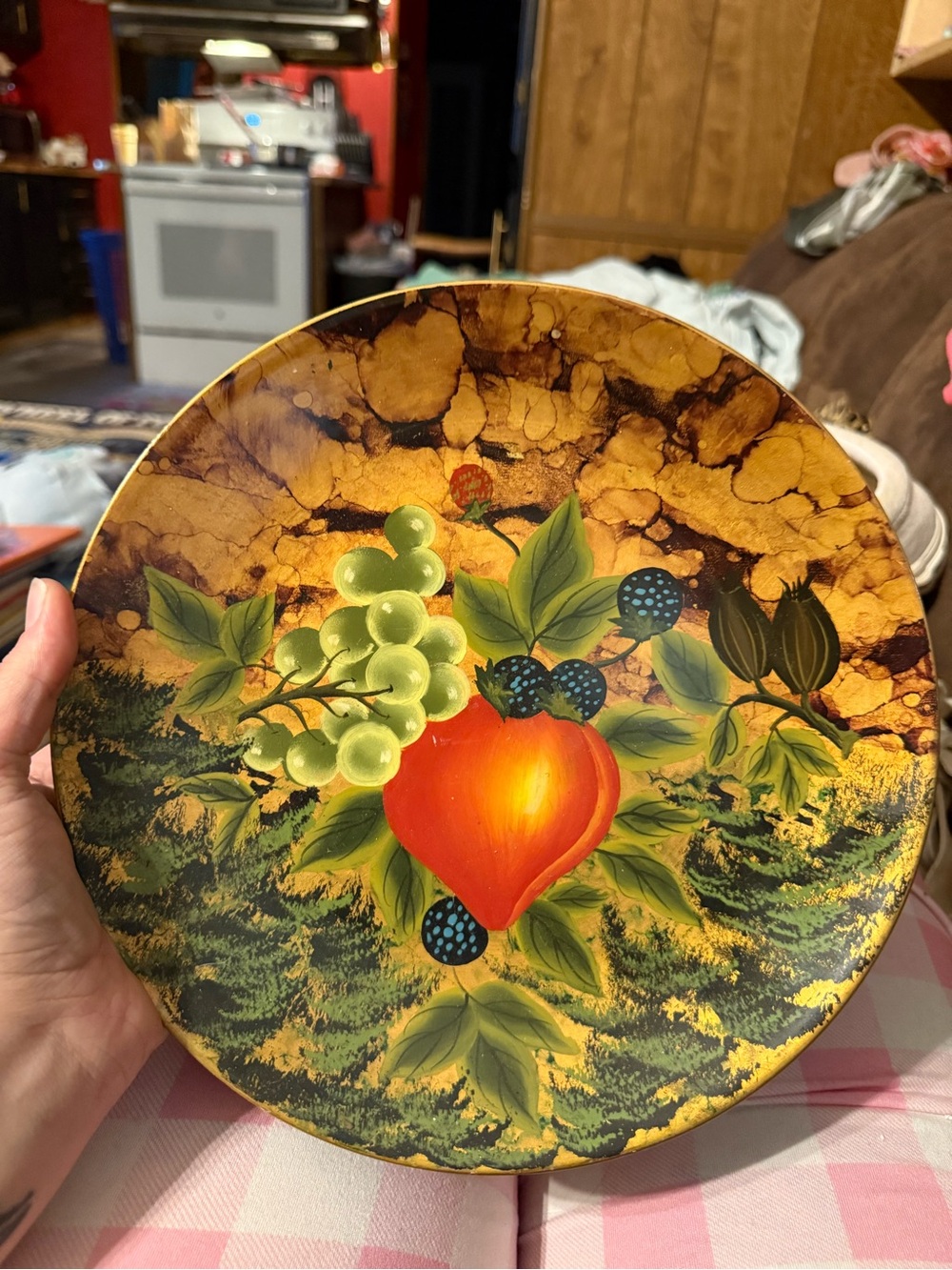 Hand-Painted Fruit Motif Decorative Plate in Yellow & Green
